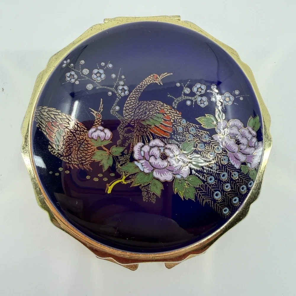 Vintage Japanese Satsuma Style Peacock Porcelain Makeup Powder Compact Mirror